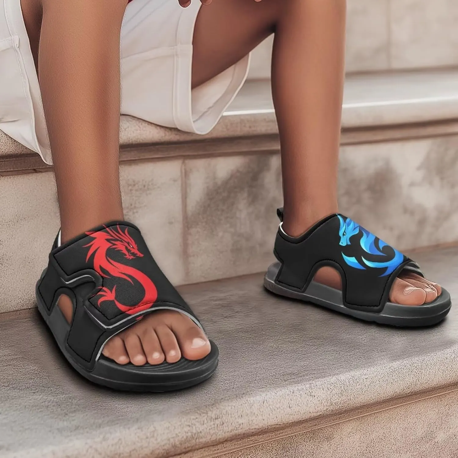 Boys Sandals Summer Kids Shoes Fire Dragon Print Open Toe Sport Outdoor Athletic Sandals Quick Dry Water Shoes