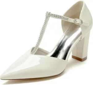 Bridal Pump Womens Wedding Shoes Block Heels Crystal Pointed Toe High Heel for/Engagement/Evening/Prom/Formal Party 8.5Cm
