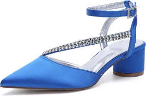 Bridal Shoes Low Heel Rhinestones Satin Strappy Wedding Shoes 4.5CM Pointed Closed Toe Women Party Ankle Strap Sandals Pumps for Prom,Blue,10
