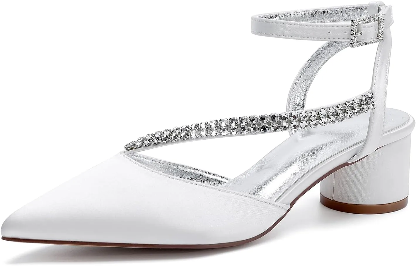 Bridal Shoes Low Heel Rhinestones Satin Strappy Wedding Shoes 4.5CM Pointed Closed Toe Women Party Ankle Strap Sandals Pumps for Prom,Ivory,8