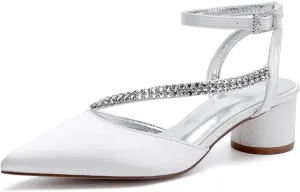 Bridal Shoes Low Heel Rhinestones Satin Strappy Wedding Shoes 4.5CM Pointed Closed Toe Women Party Ankle Strap Sandals Pumps for Prom,Ivory,8