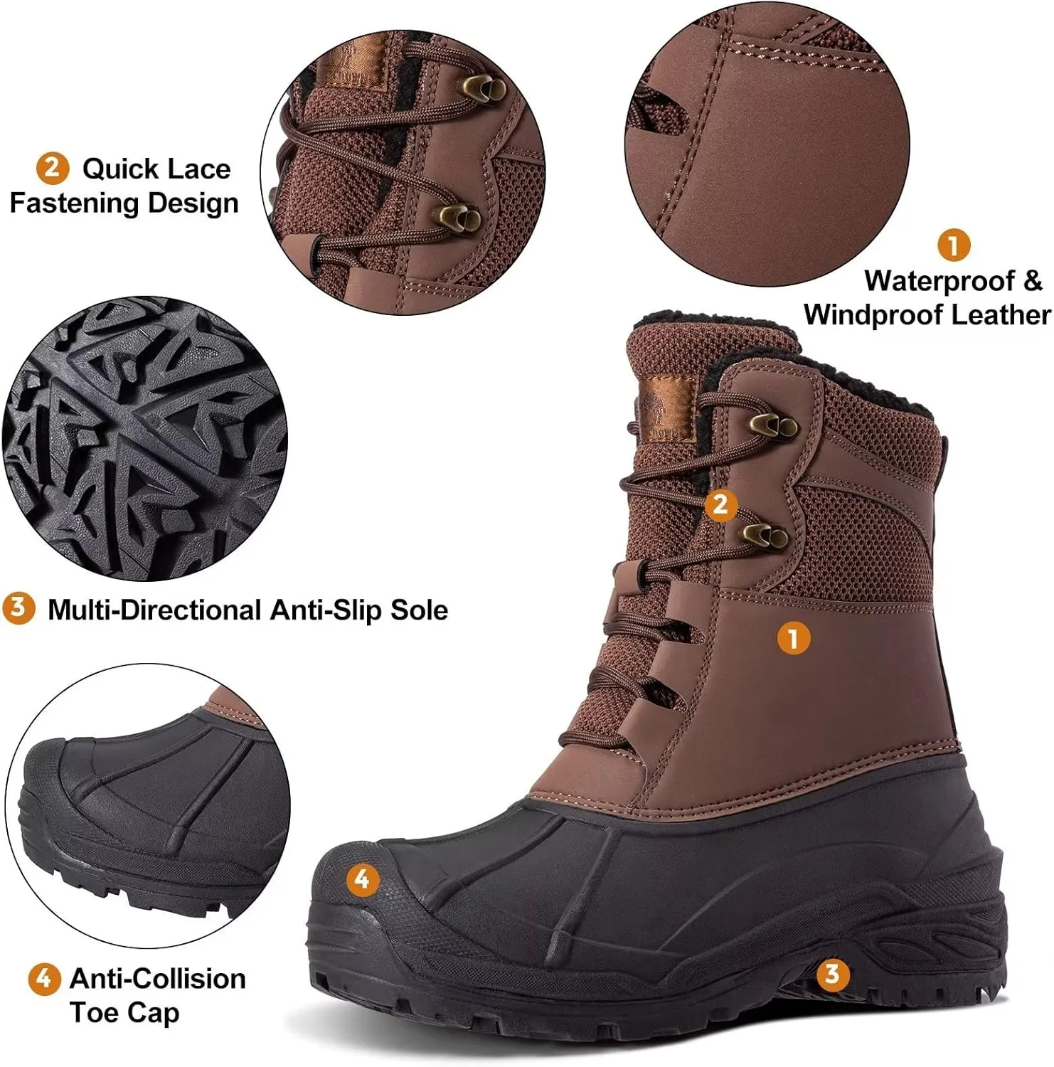 CAMEL CROWN Men's Snow Boots Insulated Waterproof Winter Boots Durable Non-Slip Fur Warm Outdoor Climbing Shoes