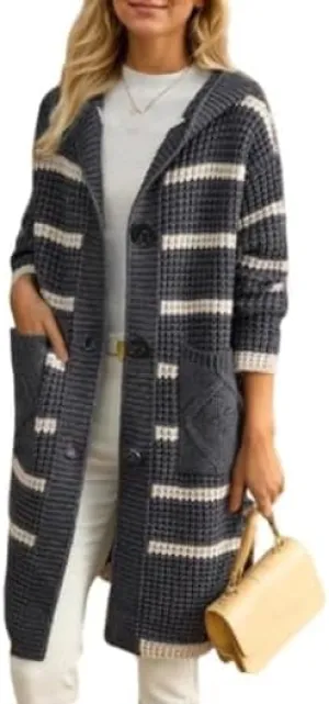 Cardigan Cardigan Striped Long Cardigan Sweaters for Women Trendy Casual Open Front Color Block Button Hooded Knit