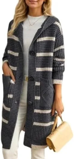 Cardigan Cardigan Striped Long Cardigan Sweaters for Women Trendy Casual Open Front Color Block Button Hooded Knit
