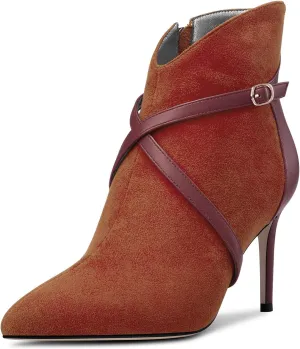 Castamere Womens High Heel Pointed Toe Ankle Boots Short Bootie Cross-Strap Zipper Patchwork Prom Sexy 3.2 Inches Heels