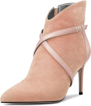 Castamere Womens High Heel Pointed Toe Ankle Boots Short Bootie Cross-Strap Zipper Patchwork Prom Sexy 3.2 Inches Heels