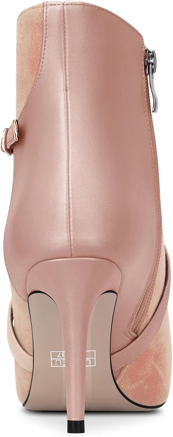 Castamere Womens High Heel Pointed Toe Ankle Boots Short Bootie Cross-Strap Zipper Patchwork Prom Sexy 3.2 Inches Heels
