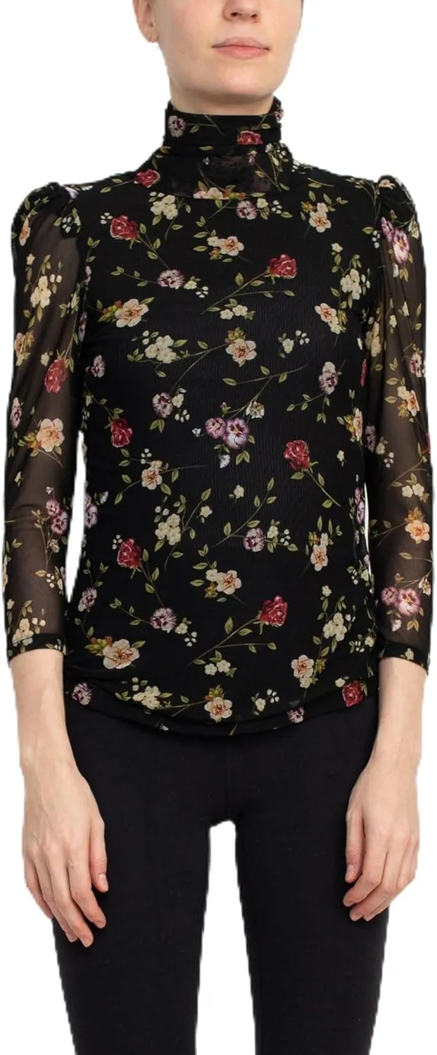 Catherine Malandrino Turtle Neck 3/4 Sleeves Top Floral/S, Small