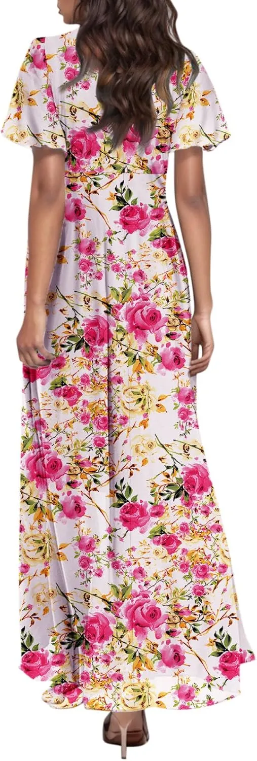 Church Dresses for Women 2025 Summer Short Sleeve Chiffon Floral Modest Dress Retro Boho Wedding Guest Dress