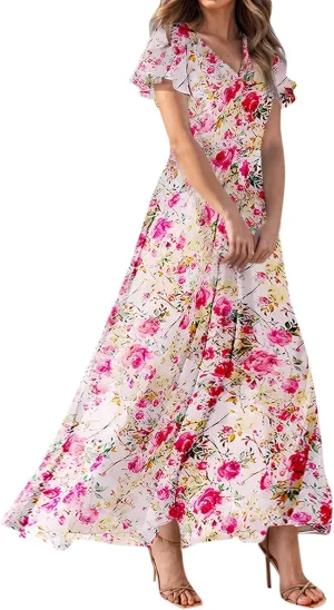 Church Dresses for Women 2025 Summer Short Sleeve Chiffon Floral Modest Dress Retro Boho Wedding Guest Dress