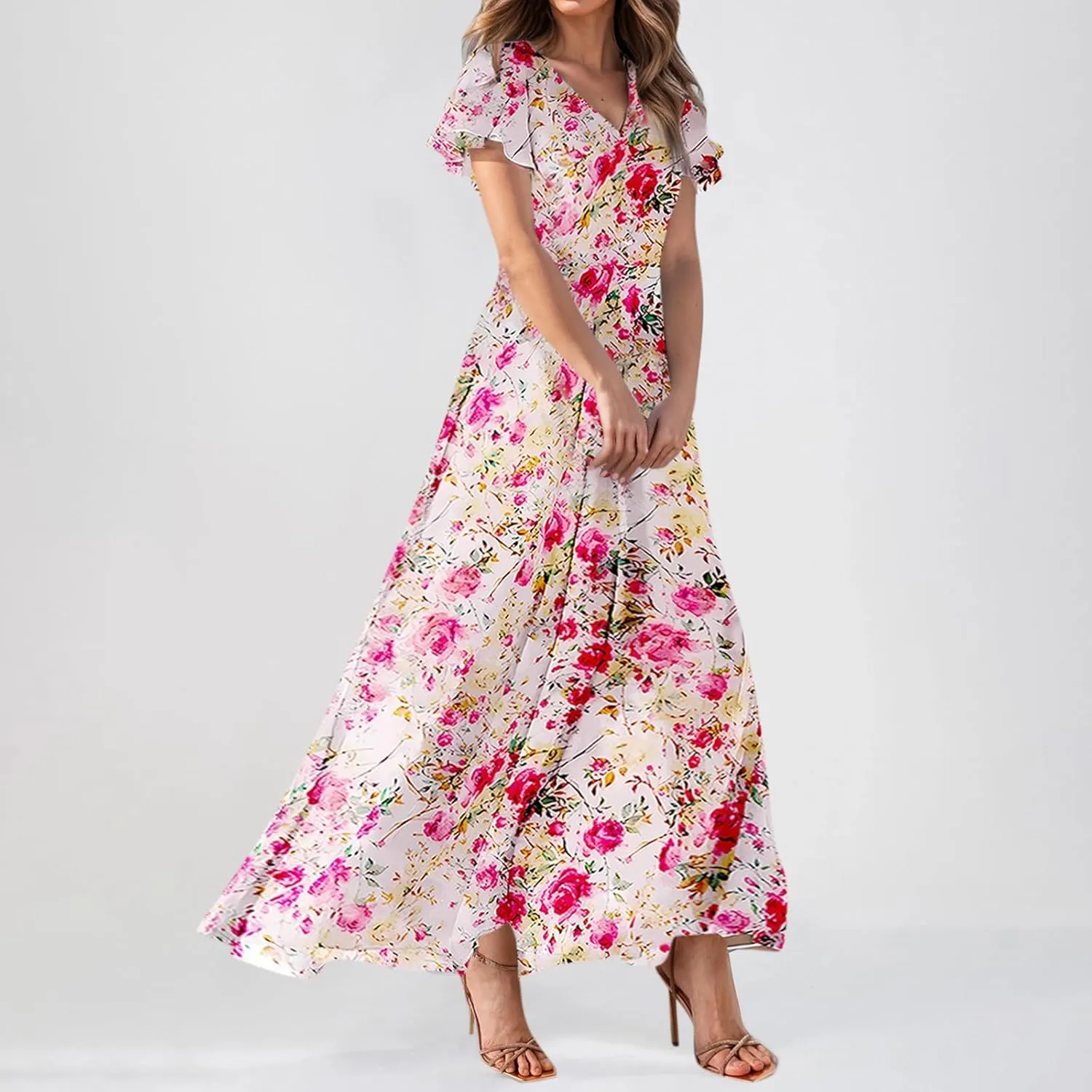 Church Dresses for Women 2025 Summer Short Sleeve Chiffon Floral Modest Dress Retro Boho Wedding Guest Dress