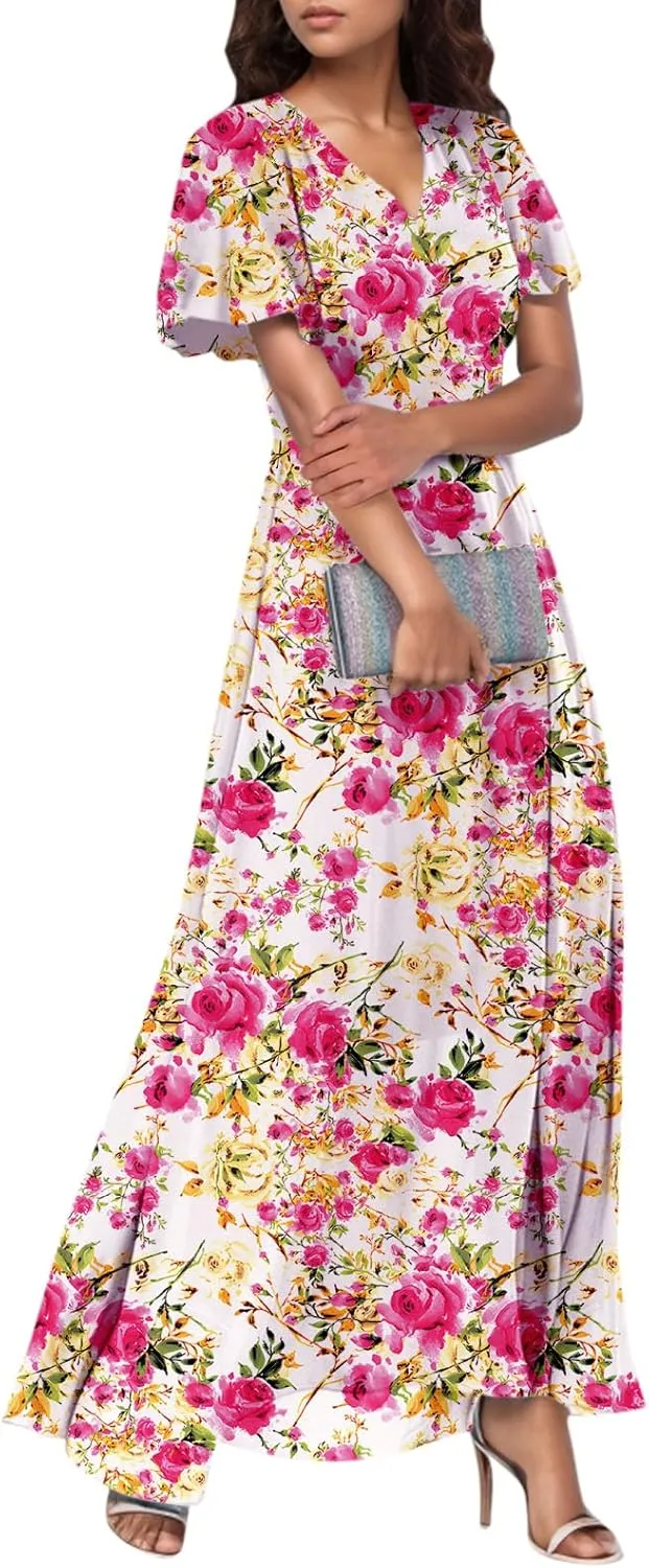Church Dresses for Women 2025 Summer Short Sleeve Chiffon Floral Modest Dress Retro Boho Wedding Guest Dress