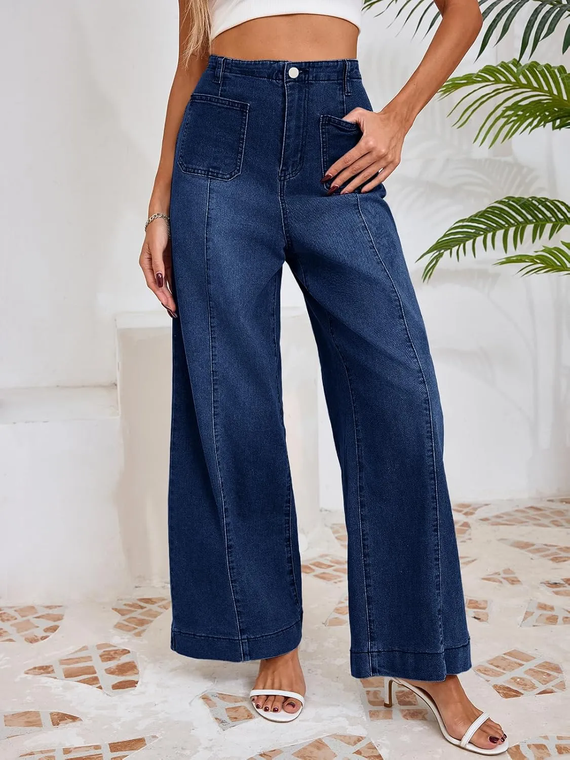 Cicy Bell Womens Wide Leg Flare Jeans Casual Baggy High Waisted Stretchy Trendy Front Seam Denim Pants