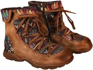 Colorblock Retro Casual Non-Slip Women's Shoes Side Zipper Hiking Boots Fashionable Off-Road Boots Ethnic Style
