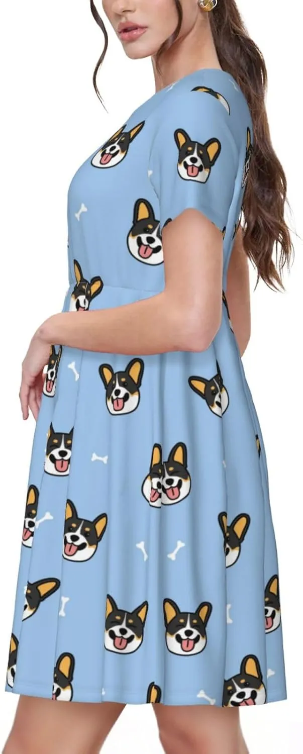 Corgi Dog for Women's Casual Short Sleeve Dress with Pockets Dress for Summer,Travel,Lounging-