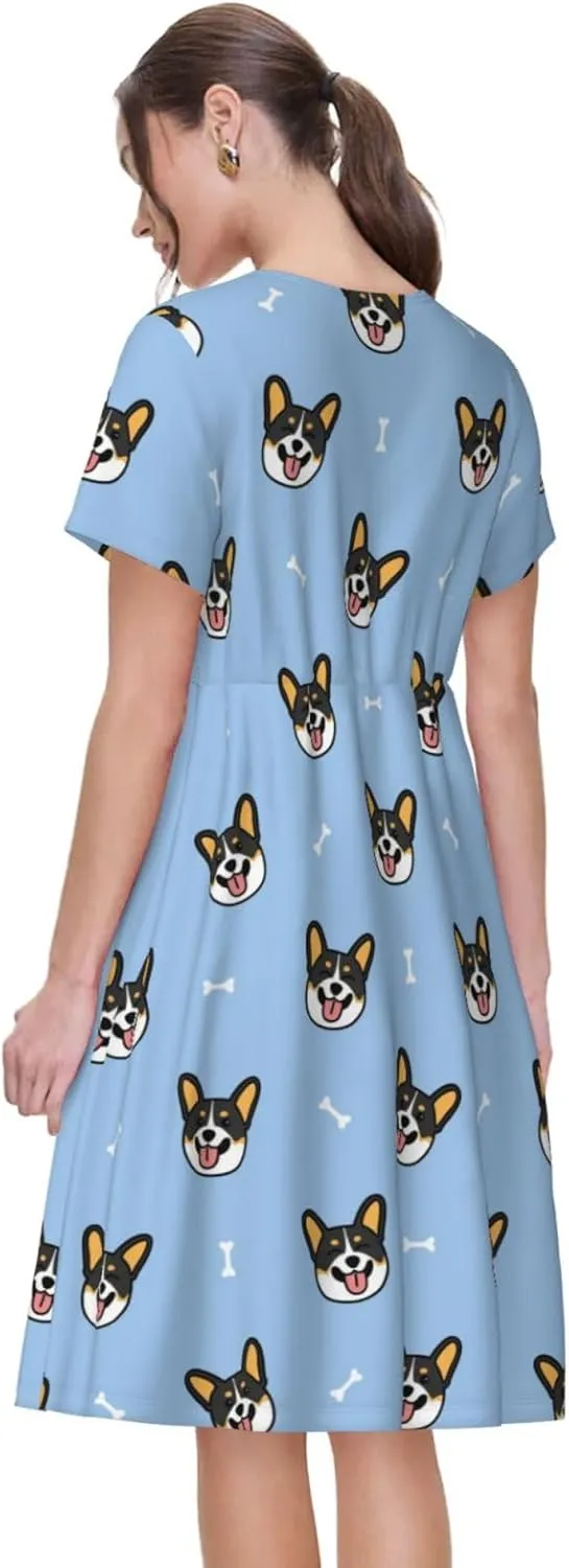 Corgi Dog for Women's Casual Short Sleeve Dress with Pockets Dress for Summer,Travel,Lounging-