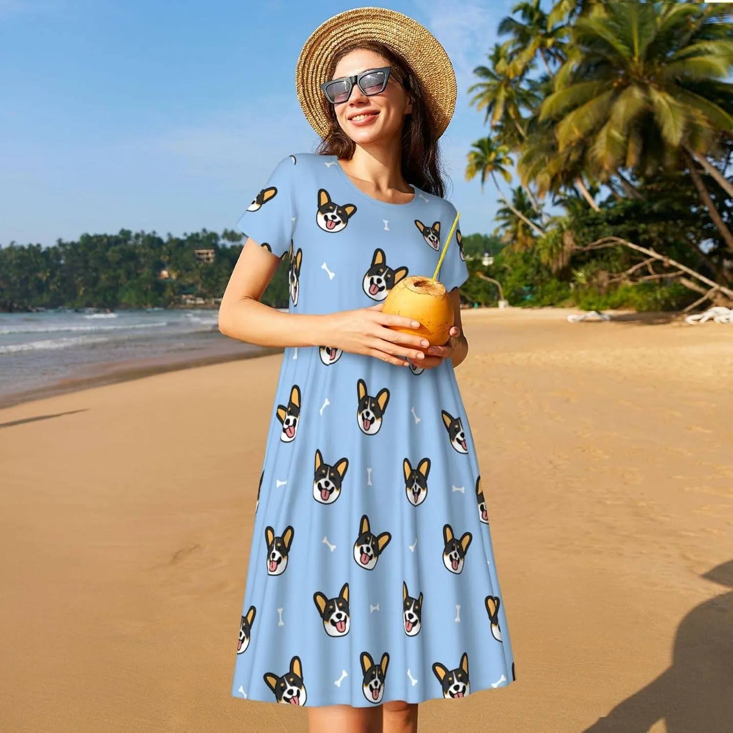 Corgi Dog for Women's Casual Short Sleeve Dress with Pockets Dress for Summer,Travel,Lounging-