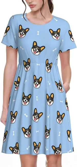 Corgi Dog for Women's Casual Short Sleeve Dress with Pockets Dress for Summer,Travel,Lounging-
