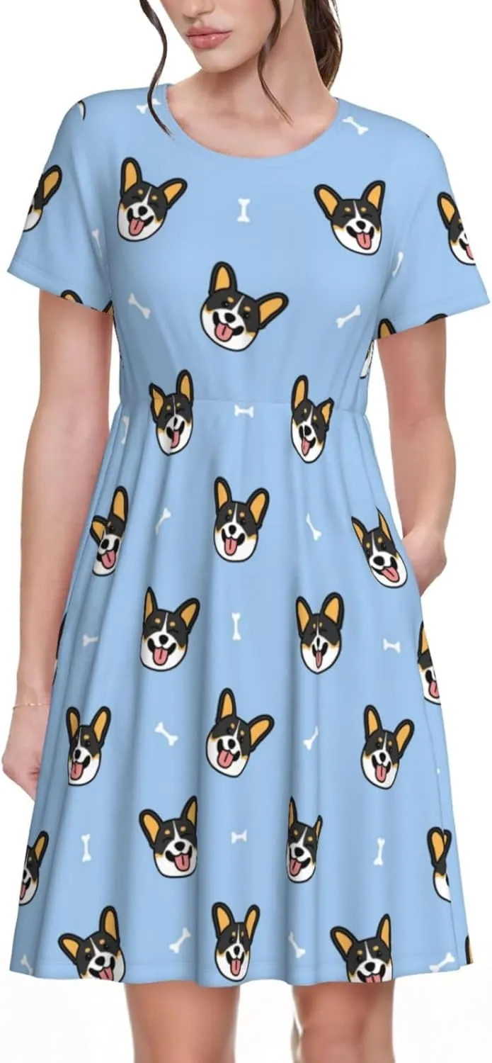 Corgi Dog for Women's Casual Short Sleeve Dress with Pockets Dress for Summer,Travel,Lounging-