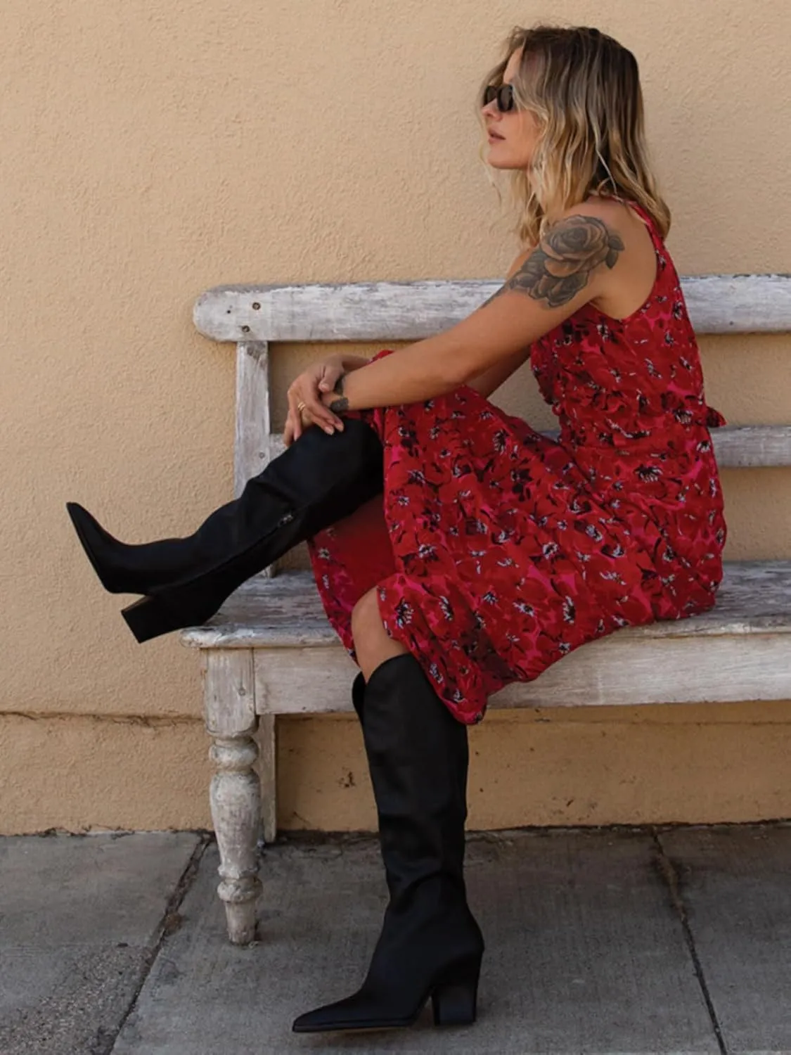 Coutgo Womens Wide Calf Cowboy Boots Suede Knee High Chunky Heel Pointed Toe Western Cowgirl Boots