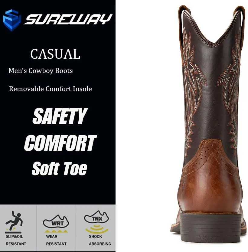 Cowboy Boots For Men - Mens Sport Wide Square Toe Western Boot,Oil/Slip Resistant,Durable Fashionable Classic Pull on 10 Inch Wellington Boots - Soft Toe