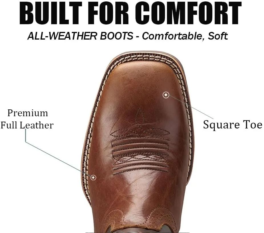 Cowboy Boots For Men - Mens Sport Wide Square Toe Western Boot,Oil/Slip Resistant,Durable Fashionable Classic Pull on 10 Inch Wellington Boots - Soft Toe
