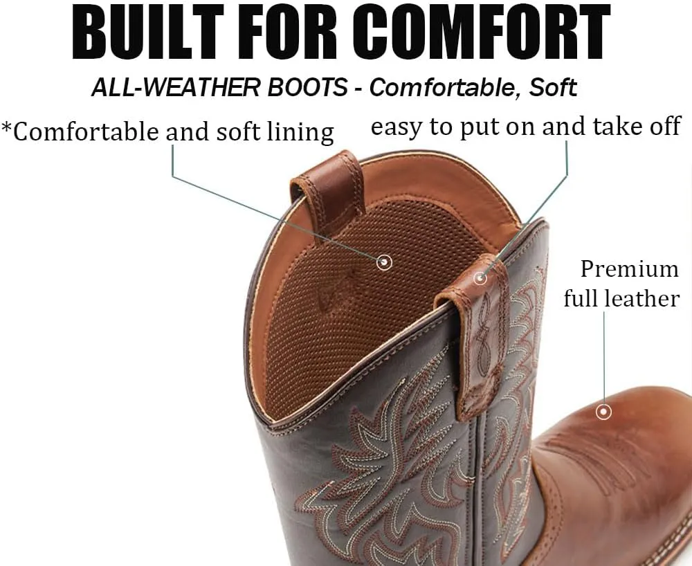 Cowboy Boots For Men - Mens Sport Wide Square Toe Western Boot,Oil/Slip Resistant,Durable Fashionable Classic Pull on 10 Inch Wellington Boots - Soft Toe