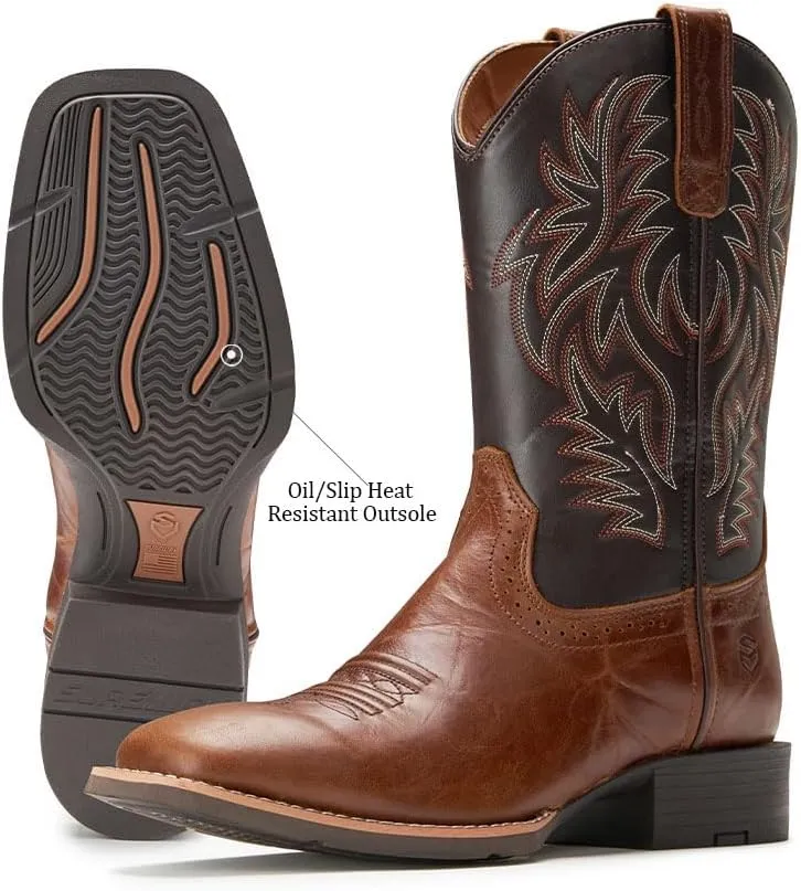 Cowboy Boots For Men - Mens Sport Wide Square Toe Western Boot,Oil/Slip Resistant,Durable Fashionable Classic Pull on 10 Inch Wellington Boots - Soft Toe