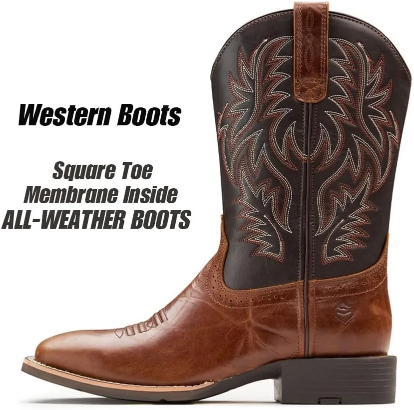 Cowboy Boots For Men - Mens Sport Wide Square Toe Western Boot,Oil/Slip Resistant,Durable Fashionable Classic Pull on 10 Inch Wellington Boots - Soft Toe