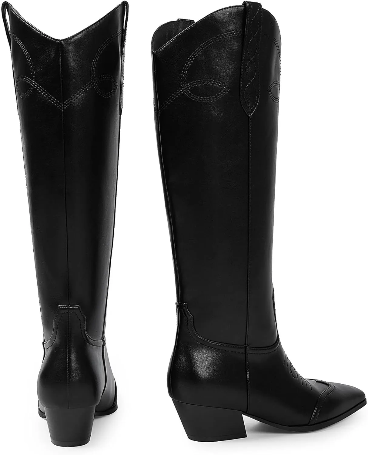 Cowgirl Boots for Women Square Toe Western Cowboy Boots Knee High Chunky Heel Pull On Tall Boots