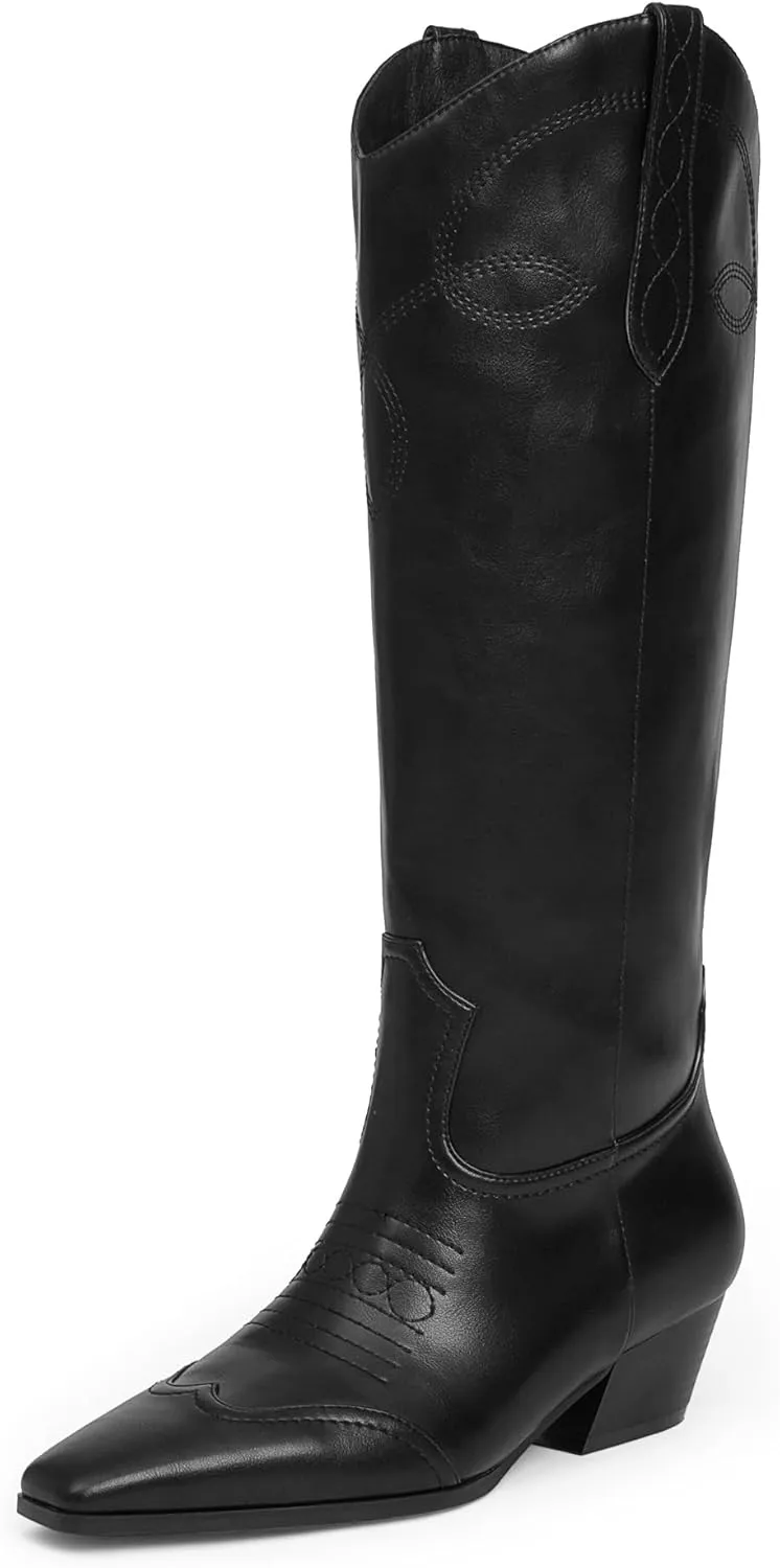 Cowgirl Boots for Women Square Toe Western Cowboy Boots Knee High Chunky Heel Pull On Tall Boots