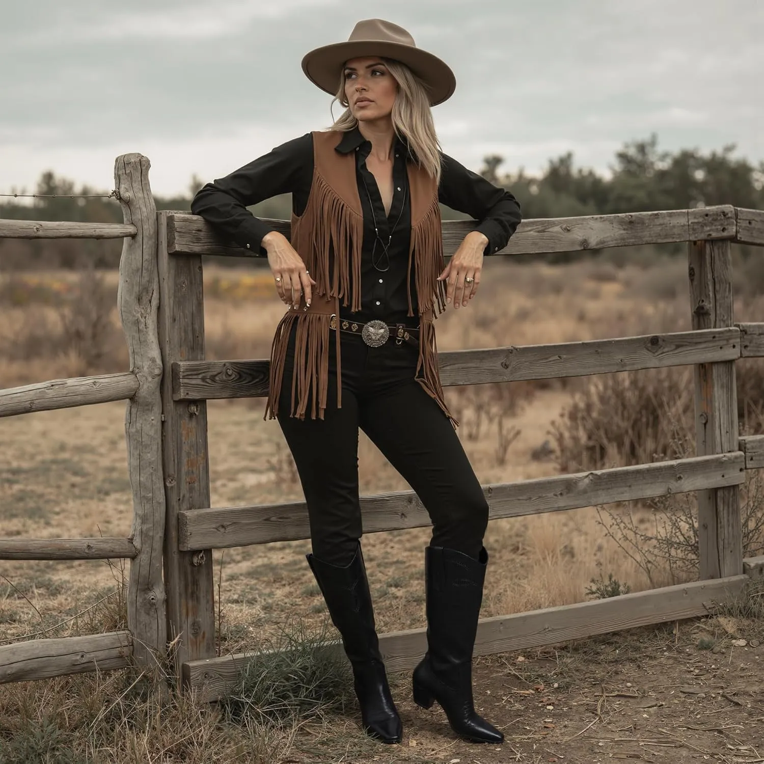 Cowgirl Boots for Women Square Toe Western Cowboy Boots Knee High Chunky Heel Pull On Tall Boots