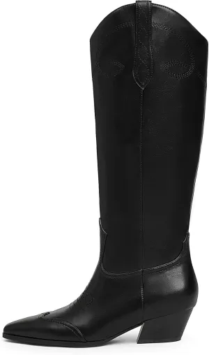Cowgirl Boots for Women Square Toe Western Cowboy Boots Knee High Chunky Heel Pull On Tall Boots
