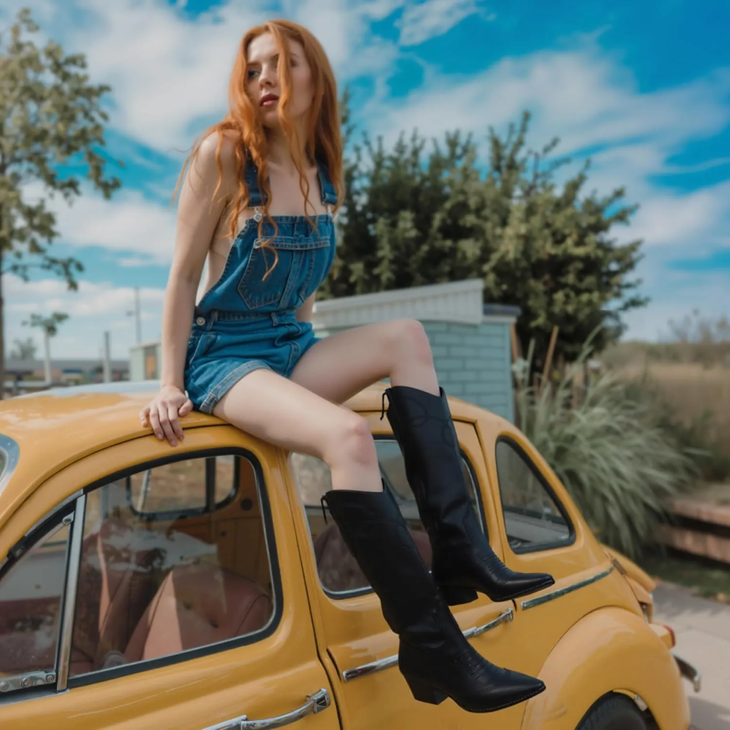 Cowgirl Boots for Women Square Toe Western Cowboy Boots Knee High Chunky Heel Pull On Tall Boots