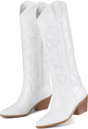 Cowgirl Boots Wide Calf Cowboy Boots Women Western Style Embroidered with Pointed Toe Chunky Heel Fashion Retro High Boot and Side Zipper Pull-On