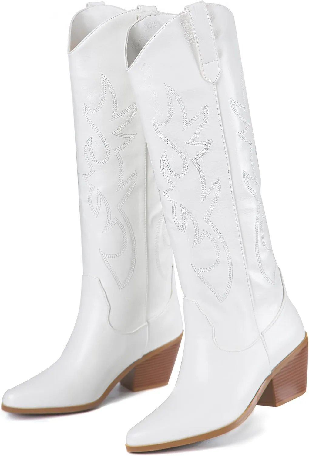 Cowgirl Boots Wide Calf Cowboy Boots Women Western Style Embroidered with Pointed Toe Chunky Heel Fashion Retro High Boot and Side Zipper Pull-On