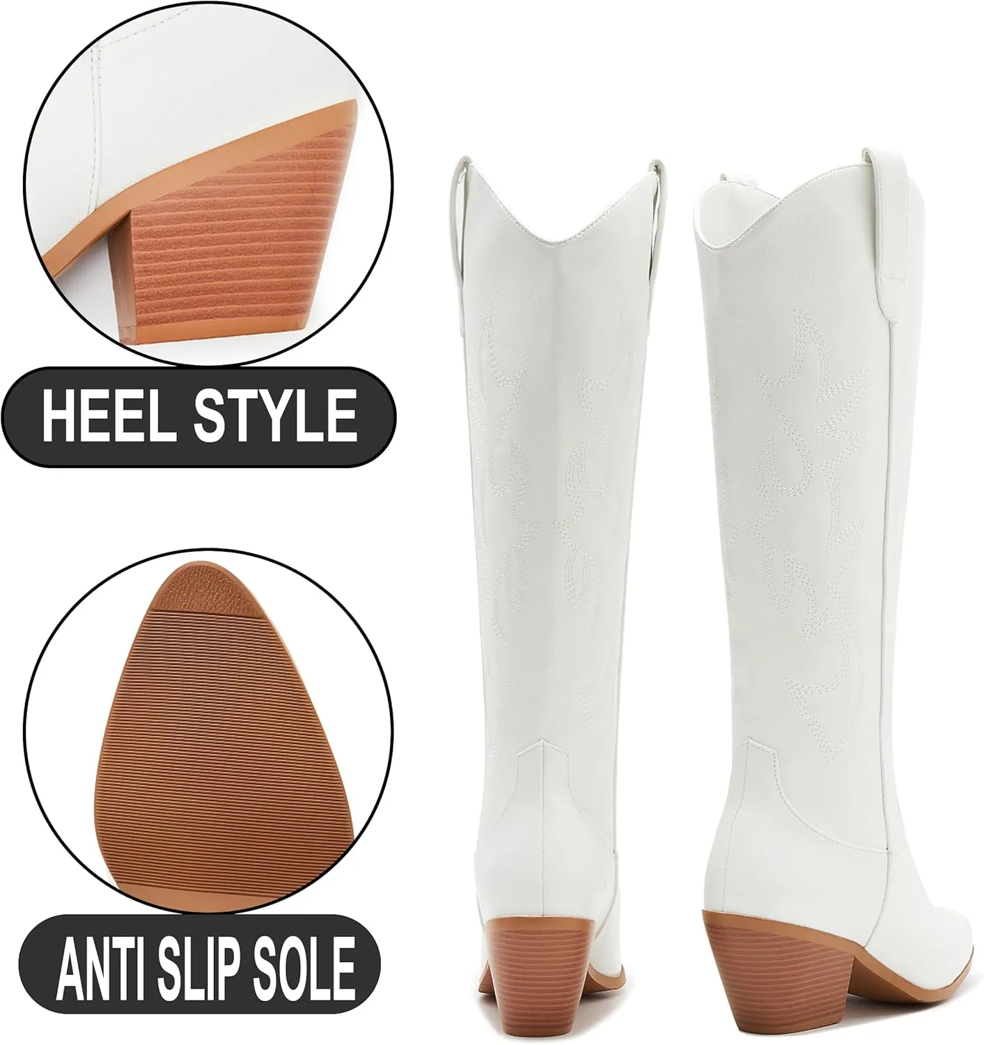 Cowgirl Boots Wide Calf Cowboy Boots Women Western Style Embroidered with Pointed Toe Chunky Heel Fashion Retro High Boot and Side Zipper Pull-On