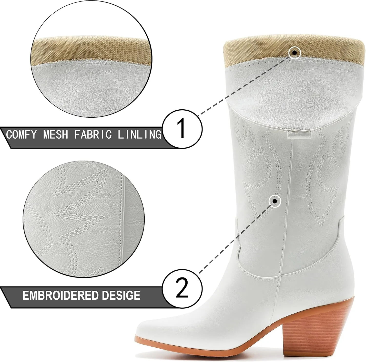Cowgirl Boots Wide Calf Cowboy Boots Women Western Style Embroidered with Pointed Toe Chunky Heel Fashion Retro High Boot and Side Zipper Pull-On