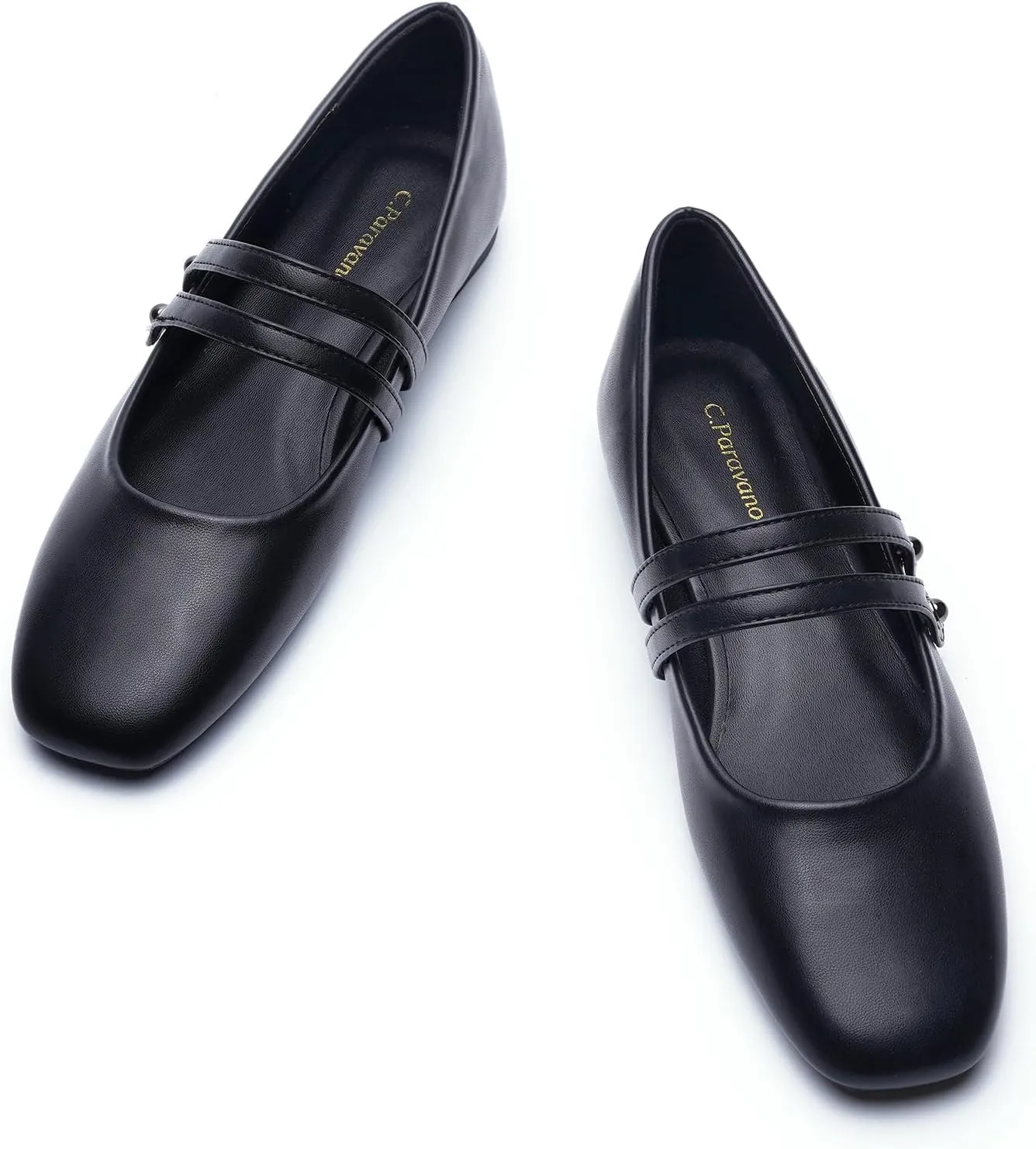 C.Paravano Mary Jane Shoes for Women, Women's Square Toe Flats, Comfort Mary Jane Flats, Slip On Dressy Ballet Flat, Leather Walking Shoes for Casual Work Office & Business (Size 9.5,Black)