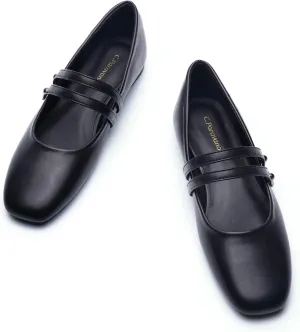 C.Paravano Mary Jane Shoes for Women, Women's Square Toe Flats, Comfort Mary Jane Flats, Slip On Dressy Ballet Flat, Leather Walking Shoes for Casual Work Office & Business (Size 9.5,Black)