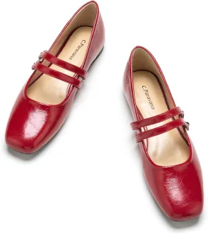 C.Paravano Mary Jane Shoes for Women, Women's Square Toe Flats, Comfortable Leather Mary Jane Flats, Slip On Dressy Ballet Flat, Walking Red Shoes for Casual Work Office (Size 9.5,Red)