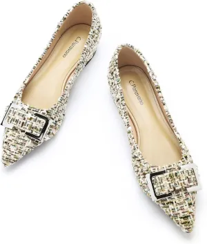 C.Paravano Pointed Toe Flats Women's Leather Ballet Flats with Square Metal Buckle for Work & Dressy Casual Multicolor