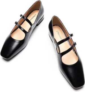 C.Paravano Women's Flats Mary Jane Flats Square Toe Block Heel Adjustable Double Straps Flats Fashion Casual Dressy Shoes for Office，Weddings & Cocktail Parties