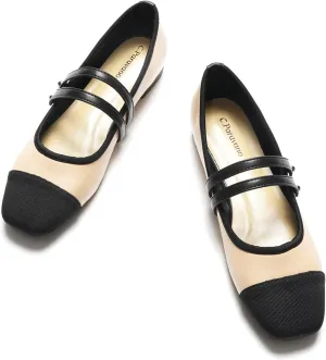 C.Paravano Womens Mary Jane Flats Closed Square Toe Mary Jane Shoes for Women Double Strap Dressy Work Shoes Slip on Ballet Flats Mary Janes for Casual Wedding