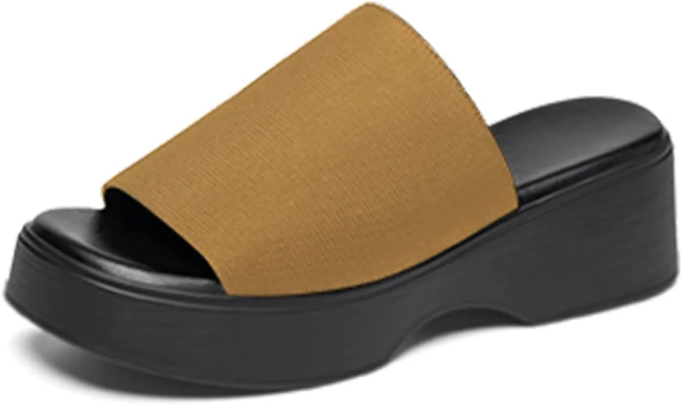 Crepuscute Platform Open Toe Sandals for Women's Wedge Slides Backless Comfortable Slip On Mid-Heel Sandals Summer Beach Casual Slippers