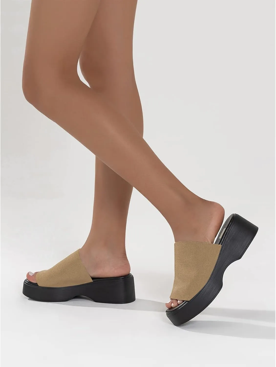 Crepuscute Platform Open Toe Sandals for Women's Wedge Slides Backless Comfortable Slip On Mid-Heel Sandals Summer Beach Casual Slippers