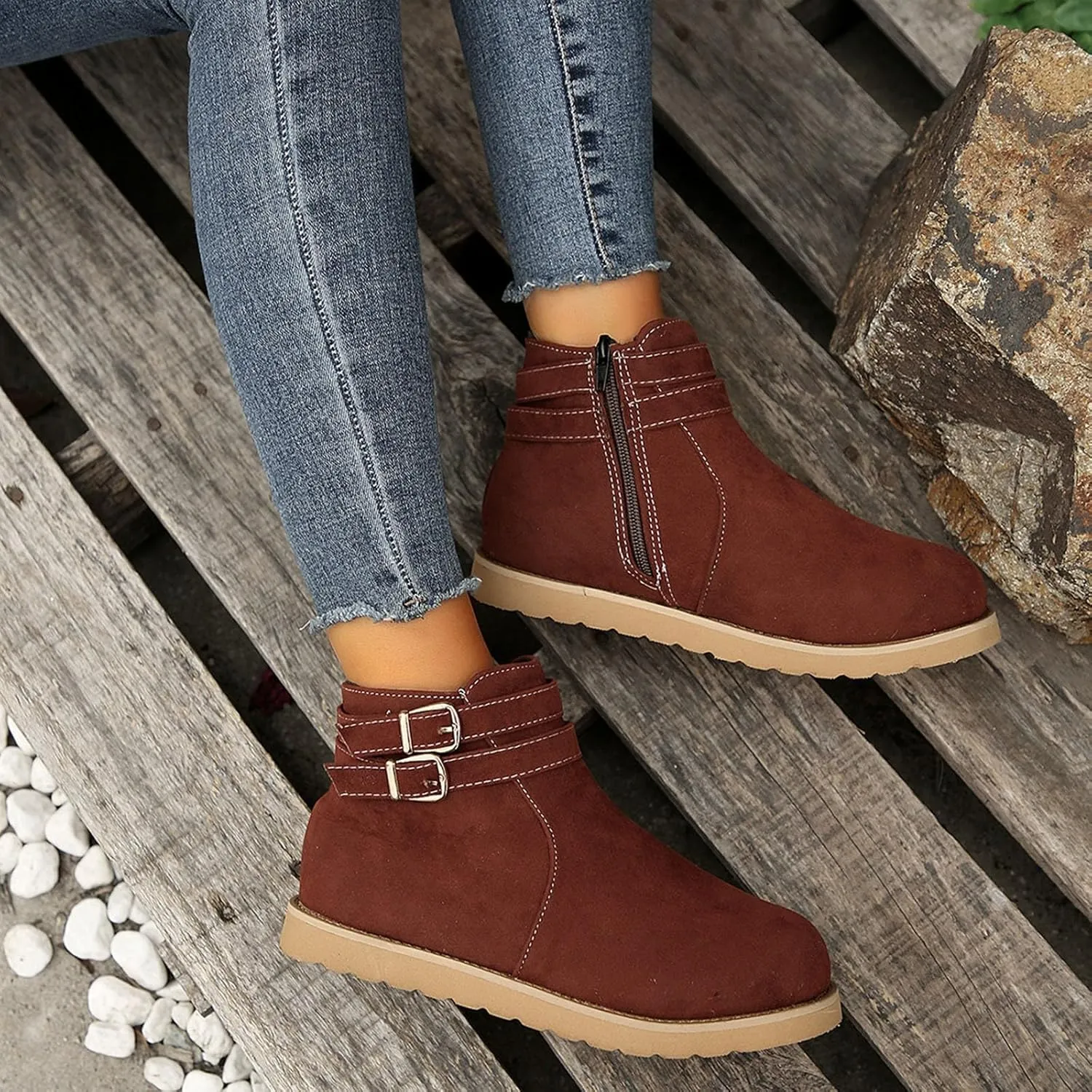 Ctreela Retro Winter Flats Snow Booties Vintage Flat Pull-On Ankle Boots Combat Boot Outdoor Shoes Fashion Round Toe Boots