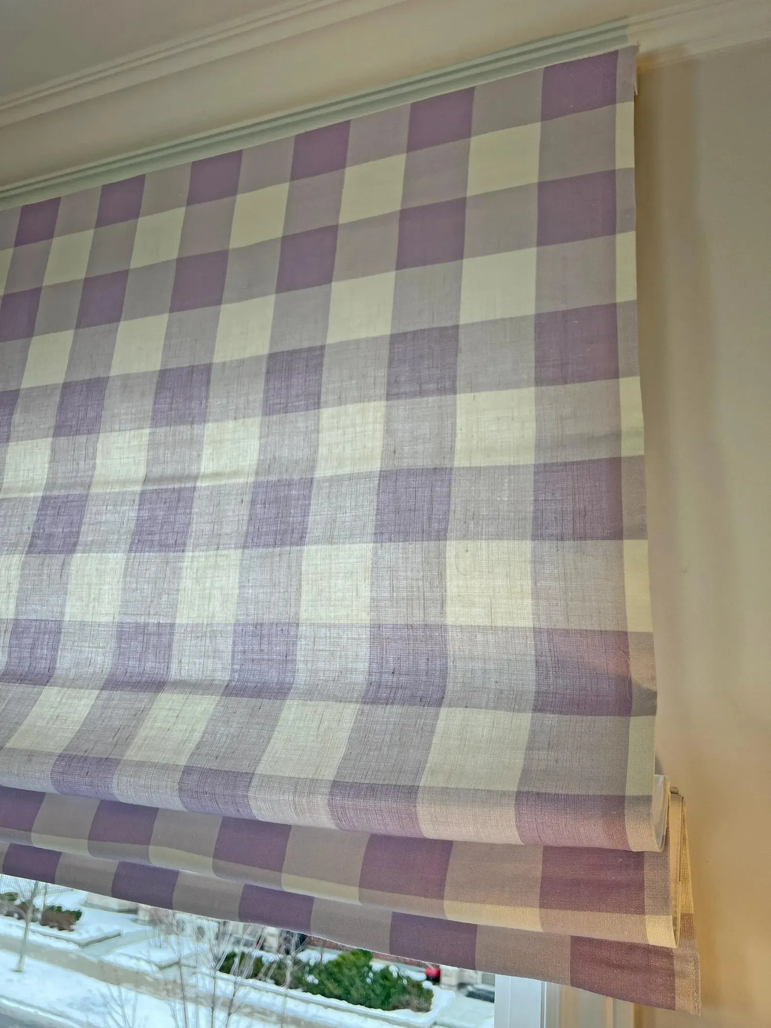 Custom Relaxed Roman Shade | 3" Gingham Check - Light Violet Purple | Belgian Linen by @spoonflower | Handmade Window Treatment