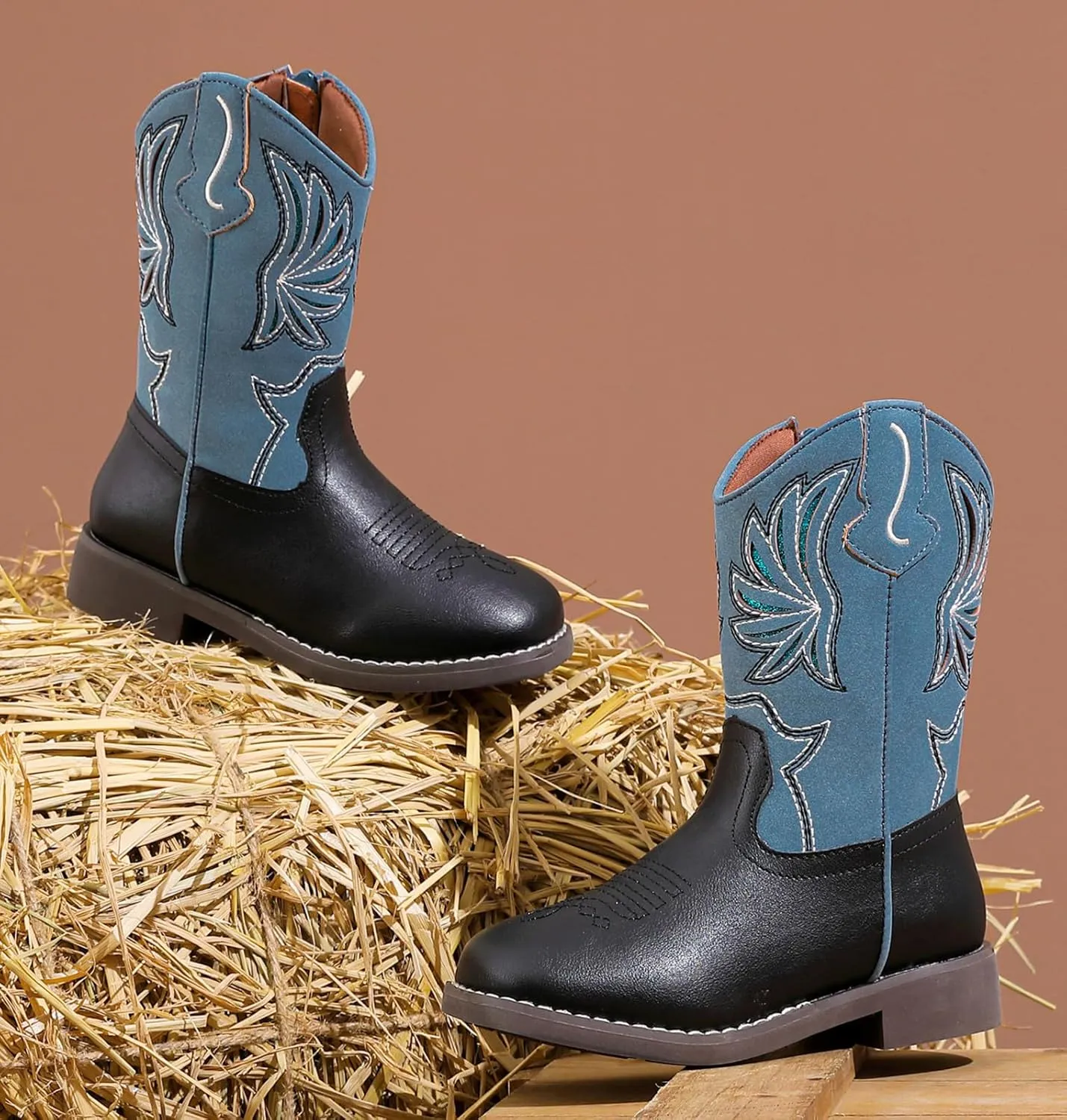 DADAWEN Kids Cowboy Boots for Boys Girls Glitter Embroidered Western Square Toe Cowgirl Boots Mid Calf Riding Shoes (Toddler/Little Kid/Big Kid)