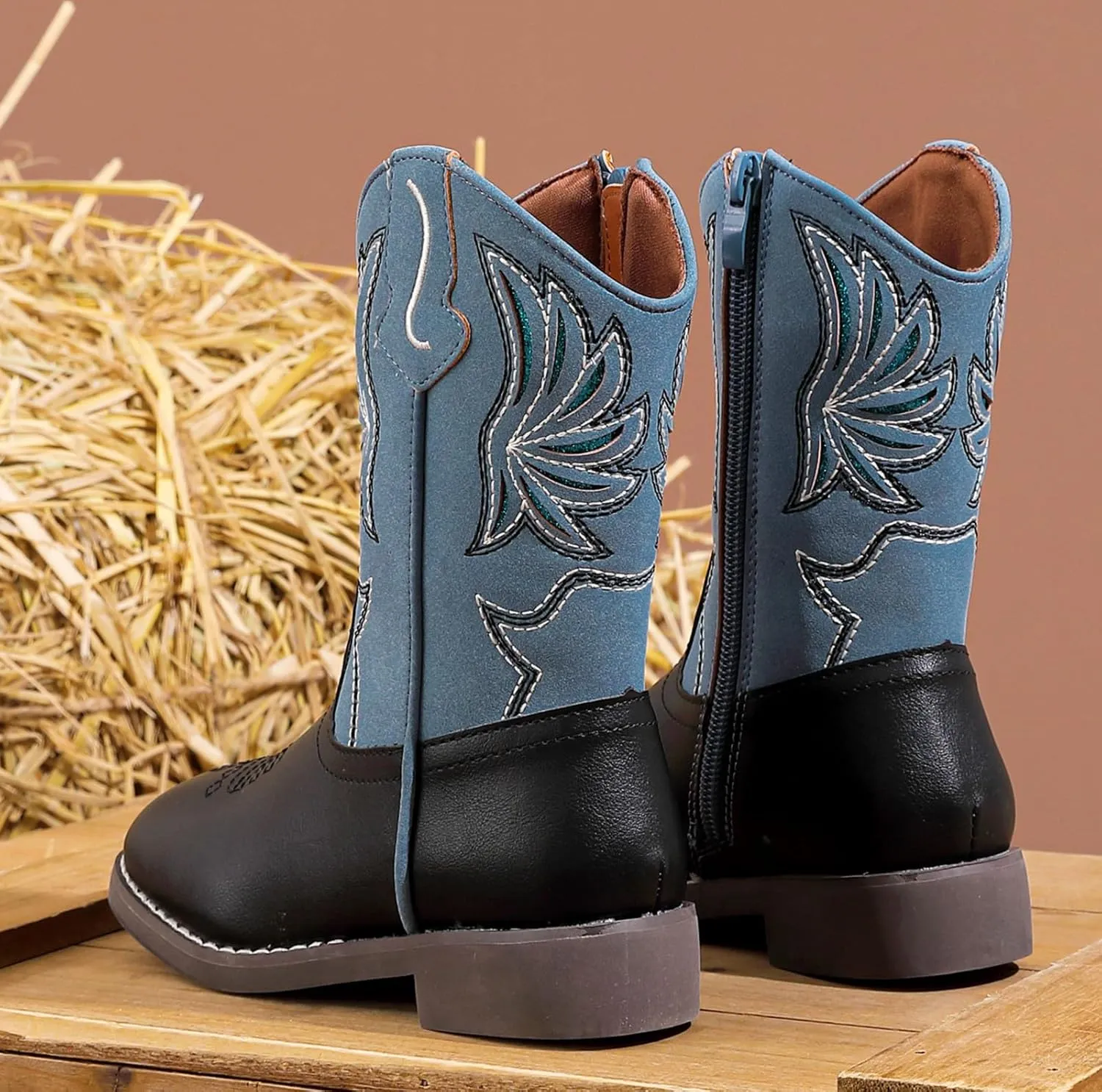 DADAWEN Kids Cowboy Boots for Boys Girls Glitter Embroidered Western Square Toe Cowgirl Boots Mid Calf Riding Shoes (Toddler/Little Kid/Big Kid)